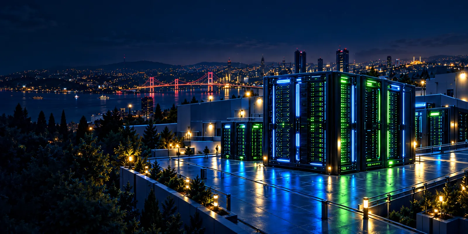 Gece Boğaz kıyısında, kabinleri ışıl ışıl bir veri merkezi